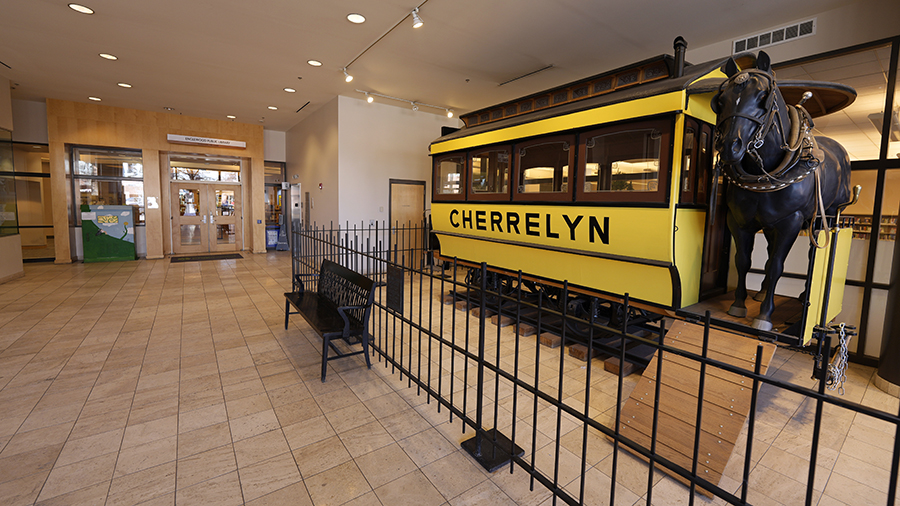 A restored Cherrelyn horsecar that used to run between Denver and Englewood, Colo., stands in the l...