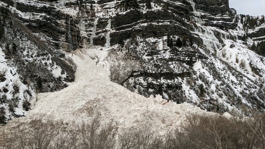Natural avalanche occurs at Bridal Veil Falls in Provo Canyon