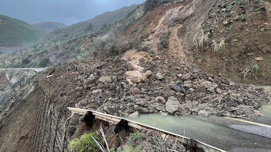 A mudslide covers the roadway just south of Mill Creek on California Highway 1. (Caltrans District ...