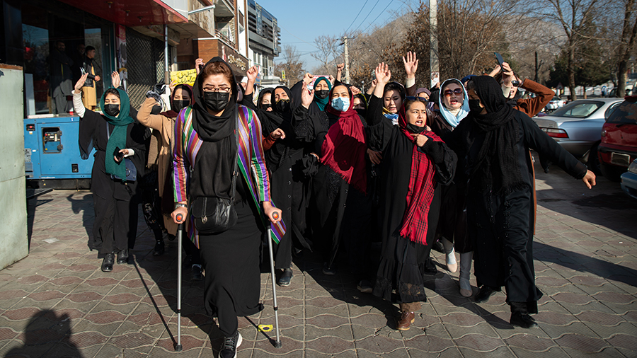 Afghan women protest against a new Taliban ban on women accessing University Education on December ...