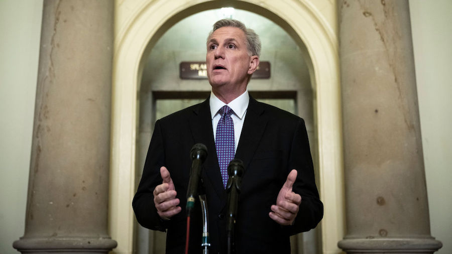 FILE: Speaker of the House Kevin McCarthy (R-CA) speaks during a news conference outside of his off...