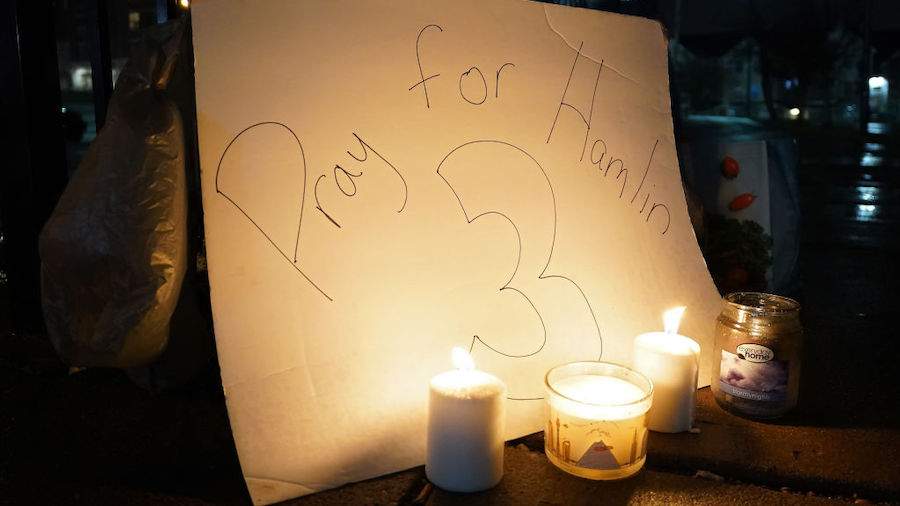 A vigil is displayed at the University of Cincinnati Medical Center for football player Damar Hamli...