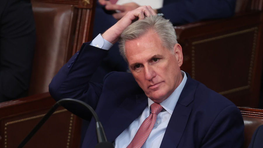 U.S. House Minority Leader Kevin McCarthy (R-CA) reacts as Representatives cast their votes for Spe...