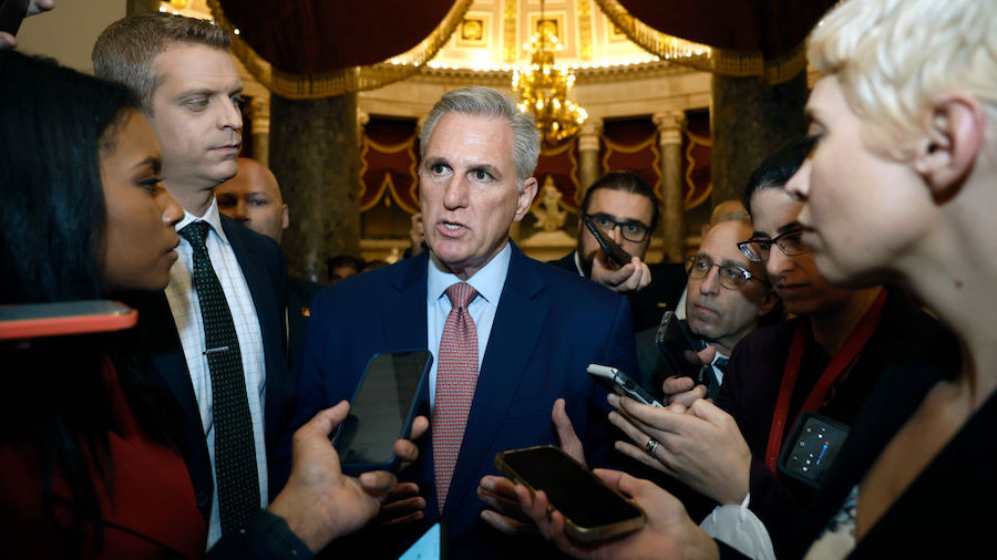 U.S. House Minority Leader Kevin McCarthy (R-CA) speaks to reporters following a meeting with House...