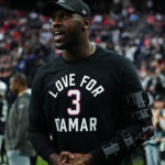 Defensive end Chandler Jones #55 of the Las Vegas Raiders wears a shirt in honor of Damar Hamlin of the Buffalo Bill during warmups on the sidelines prior to his team facing the Kansas City Chiefs at Allegiant Stadium on January 07, 2023 in Las Vegas, Nevada. (Photo by Jeff Bottari/Getty Images)