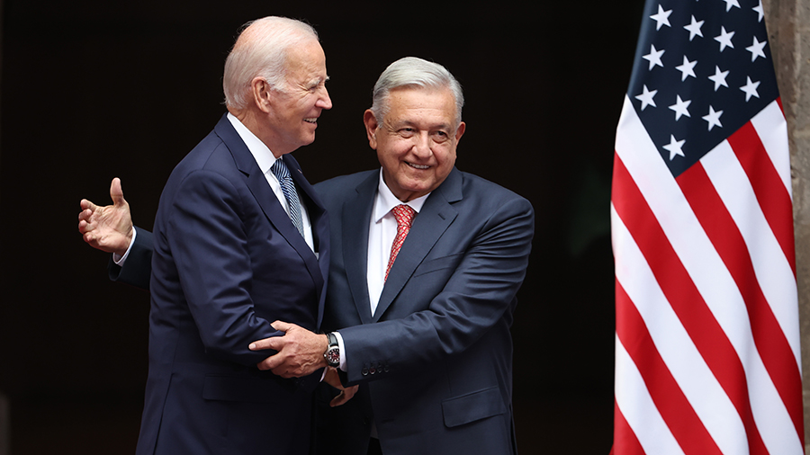 U.S. President Joe Biden greets President of Mexico Andres Manuel Lopez Obrador during a welcome ce...