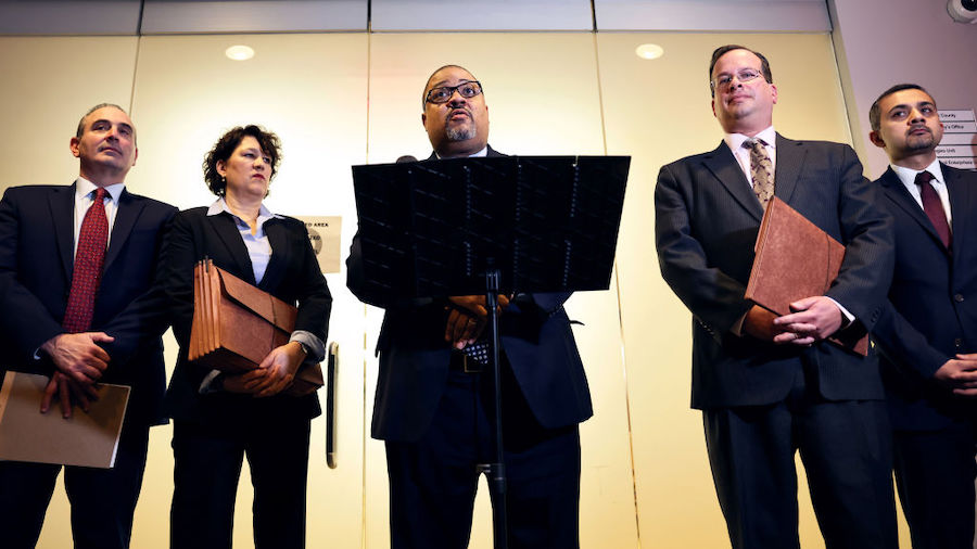 Manhattan District Attorney Alvin Bragg speaks at a press conference after the sentencing hearing o...