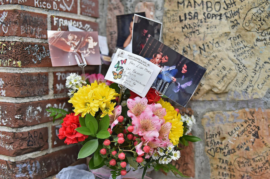 Flowers left by fans outside Graceland to pay respects to Lisa Marie Presley on January 13, 2023 in...