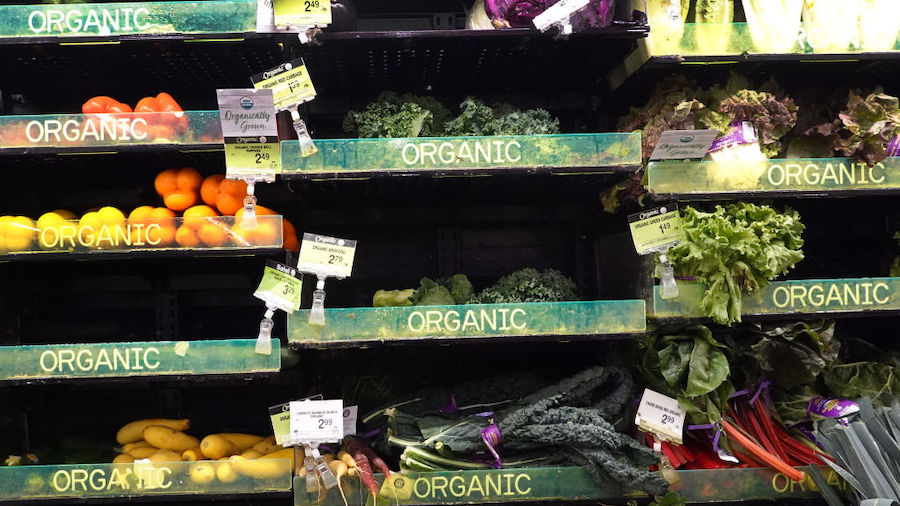 Organic labeled vegetables are  offered for sale at a grocery store on January 19, 2023 in Chicago,...