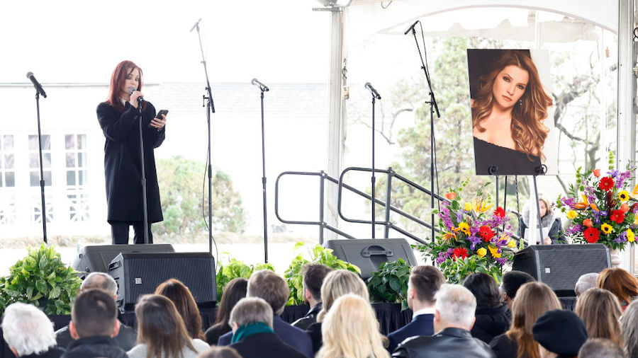 Priscilla Presley speaks at the public memorial for Lisa Marie Presley at Graceland on January 22, ...