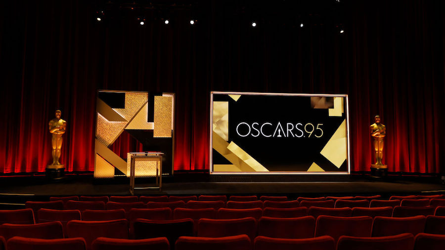 A view of the podium and the Oscar statue before the announcement of the 95th Academy Award nominat...