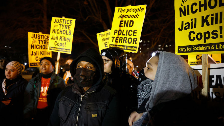 Demonstrators participate in a protest against the police killing of Tyre Nichols on January 27, 20...