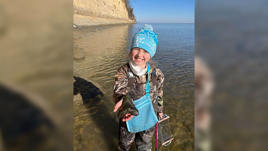 9-year-old Molly Sampson discovered a massive 5-inch megalodon tooth on Christmas at Maryland's Cal...