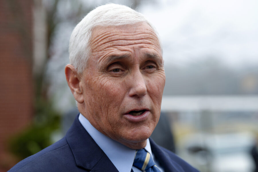 FILE - Former Vice President Mike Pence speaks with reporters, Dec. 6, 2022, at Garden Sanctuary Ch...