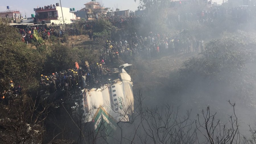 Photo shows the airplane that crashed Sunday in Pakharo, Nepal. (Parshuram Sharma/NTV)...
