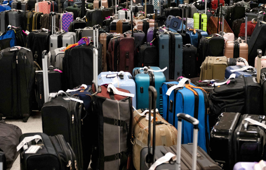 Hundreds of unclaimed suitcases sit near the Southwest Airlines baggage claim area at Nashville Int...