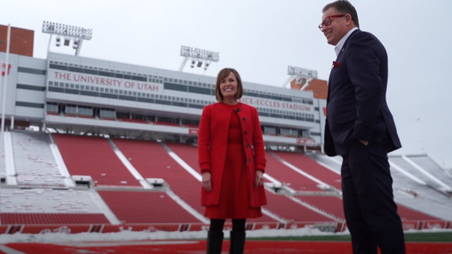 KSL TV's Deanie Wimmer (left) talks with University of Utah President Taylor Randall about the impa...