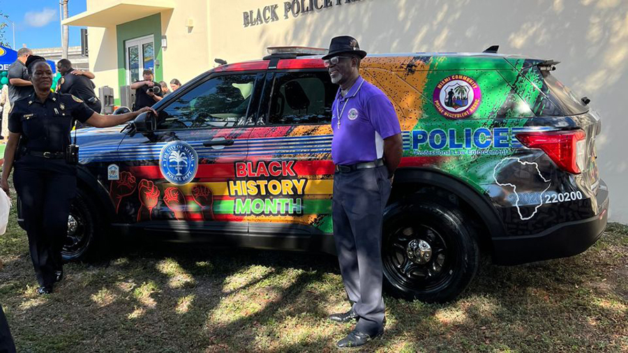 Miami police unveiled a Black History Month-inspired vehicle wrap featuring the pan-African colors ...