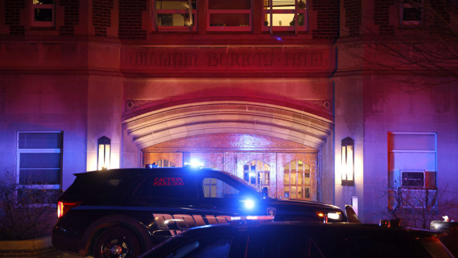 Police investigate the scene of a shooting at Berkey Hall on the campus of Michigan State Universit...