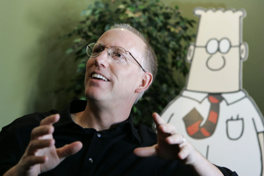 FILE - Scott Adams, creator of the comic strip Dilbert, talks about his work at his studio in Dubli...
