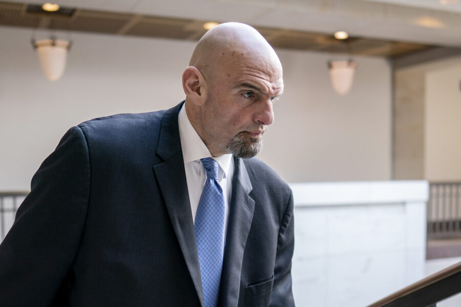 FILE - Sen. John Fetterman, D-Pa., leaves an intelligence briefing on the unknown aerial objects th...