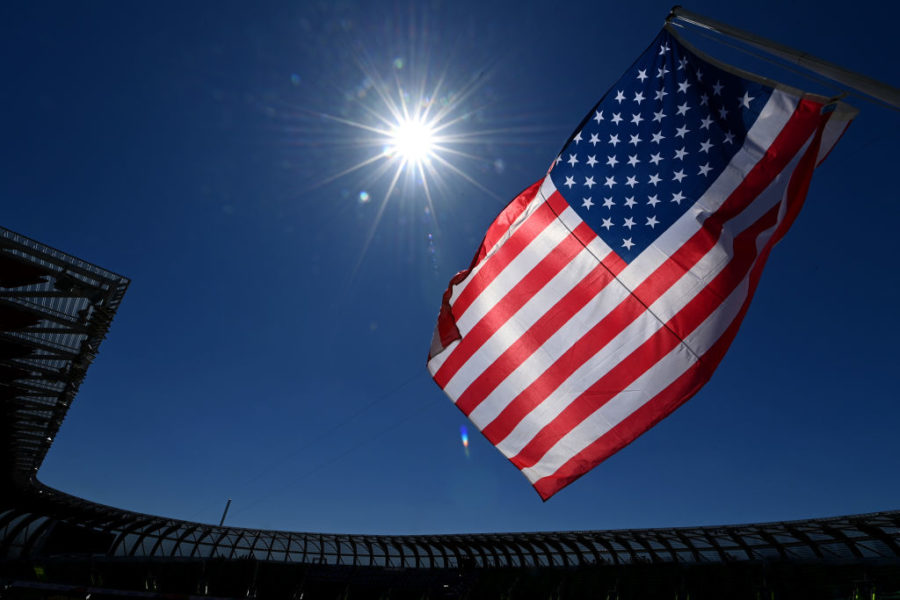 FILE: EUGENE, OREGON - JULY 14: The American flag flies above Hayward Field on July 14, 2022 in Eug...