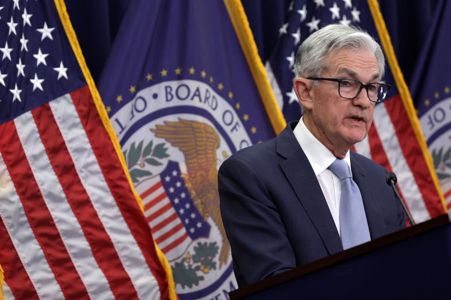 Federal Reserve Board Chairman Jerome Powell speaks during a news conference after a Federal Open M...