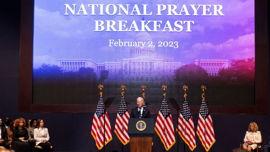 U.S. President Joe Biden delivers remarks at the National Prayer Breakfast at the U.S. Capitol on F...