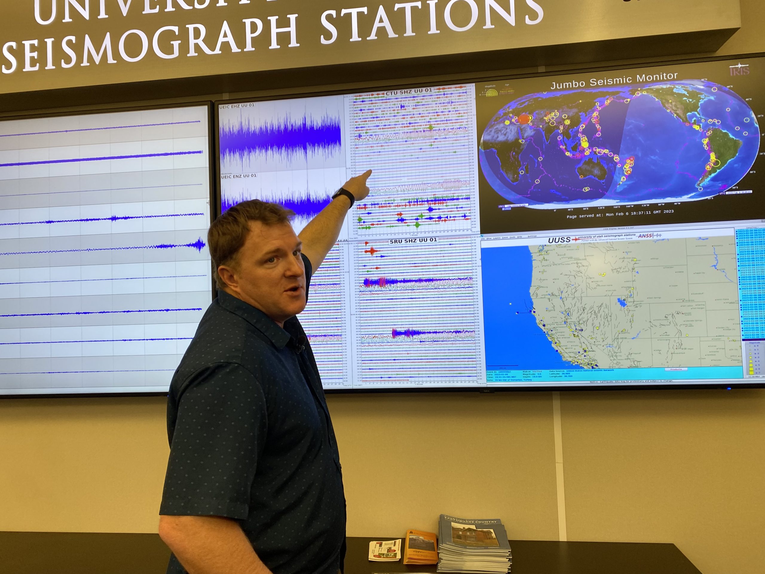 Jamie Farrell, a seismologist at the University of Utah Seismograph Stations, points out the seismo...