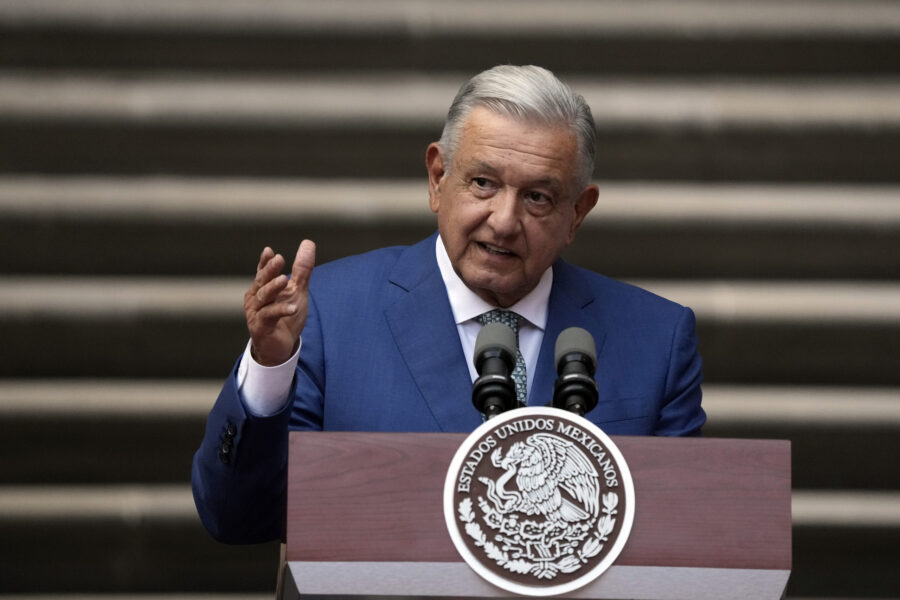 FILE - Mexican President Andres Manuel Lopez Obrador speaks during the North America Summit, at the...