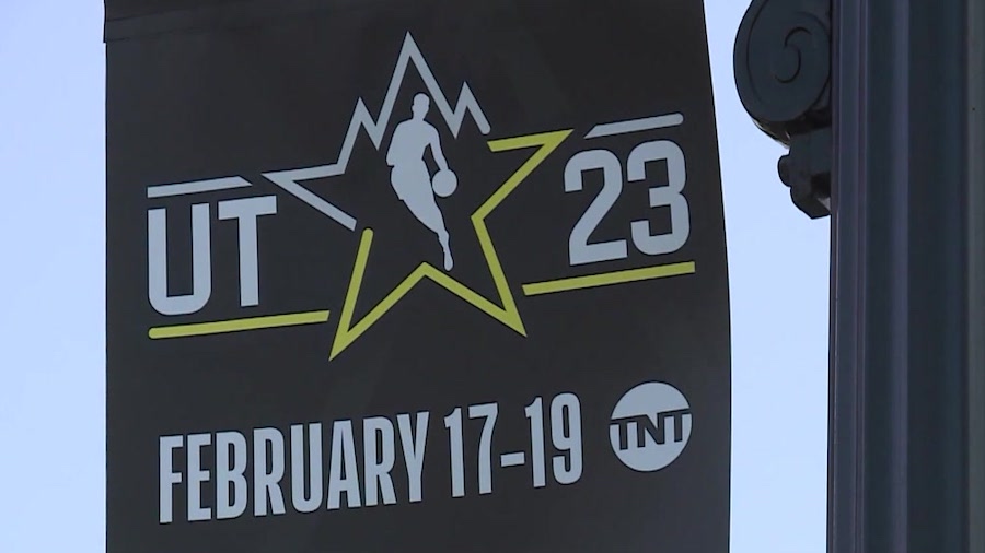 Banner representing the 2023 NBA All-Star Game in Salt Lake City. (KSL TV)...