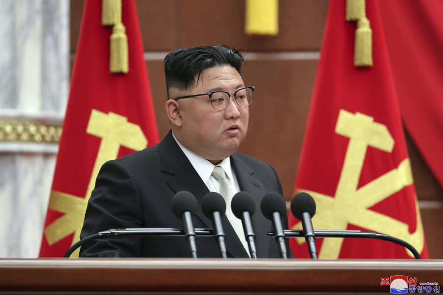 In this photo provided by the North Korean government, North Korean leader Kim Jong Un speaks durin...