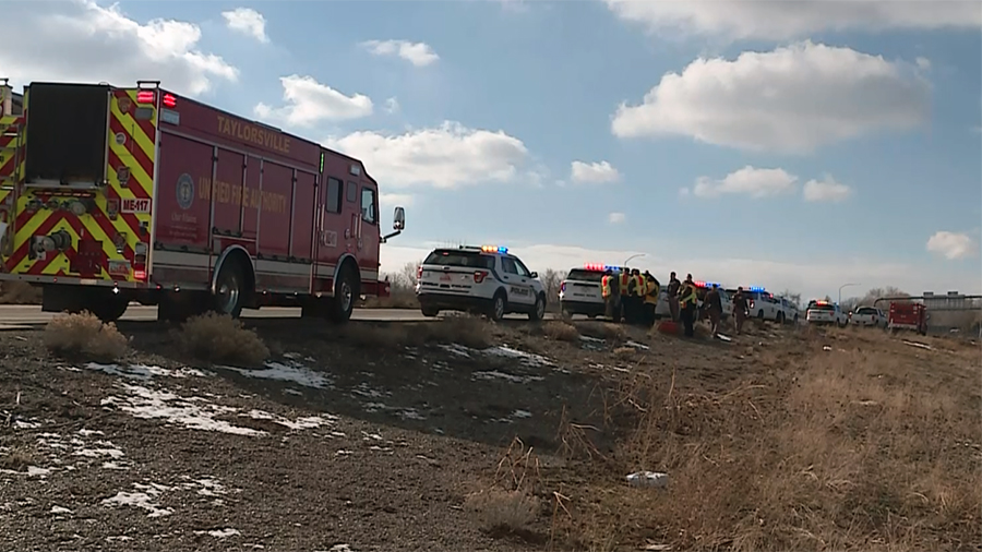 Emergency vehicles at the crash location of a freeway chase that ended up with no injuries. (KSL TV...