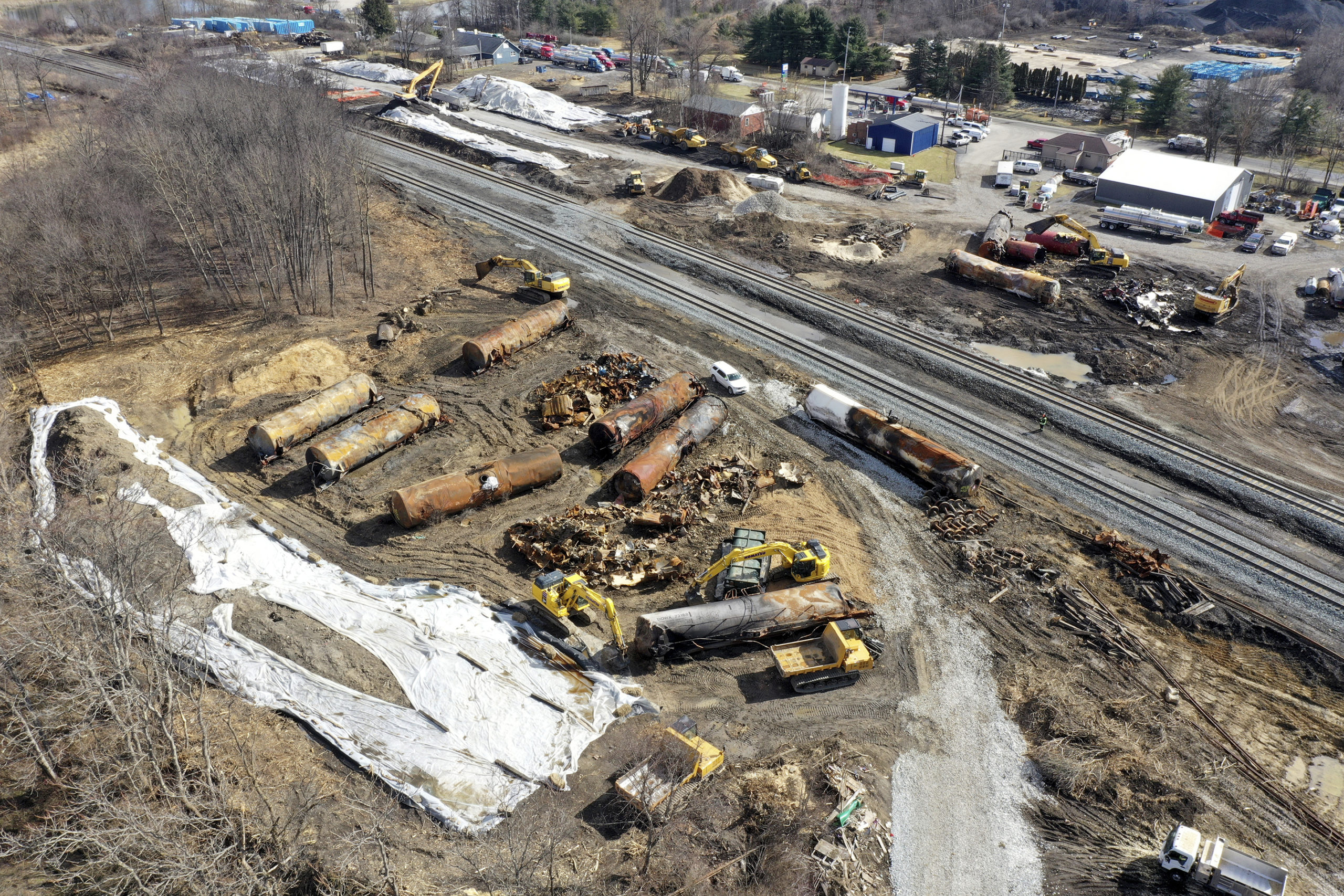 A view of the scene Friday, Feb. 24, 2023, as the cleanup continues at the site of of a Norfolk Sou...
