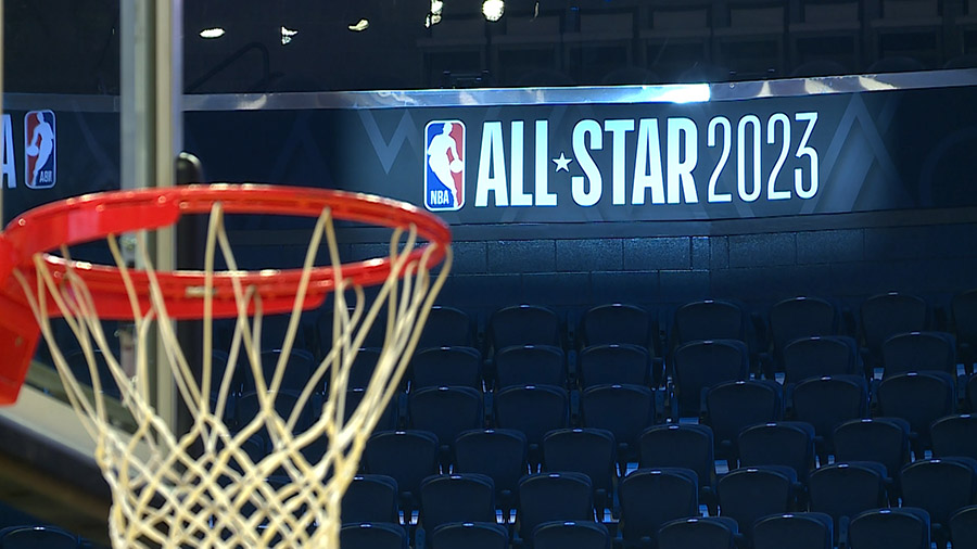 Basketball hoop at the Vivint Arena with the All-Star 2023 logo behind it. (Jay Hancock/KSL TV)...