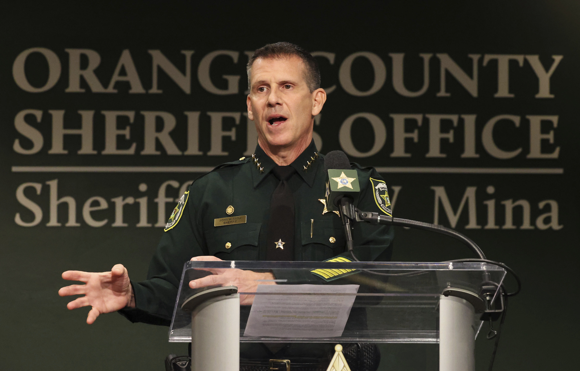 Orange County Sheriff John Mina addresses the media during a press conference about multiple shooti...