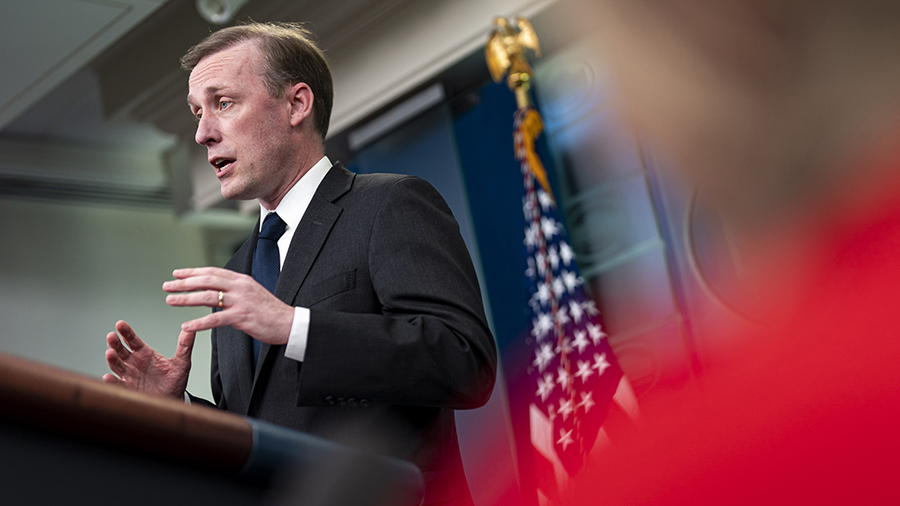 National security adviser Jake Sullivan speaks during a news conference at the White House in Washi...
