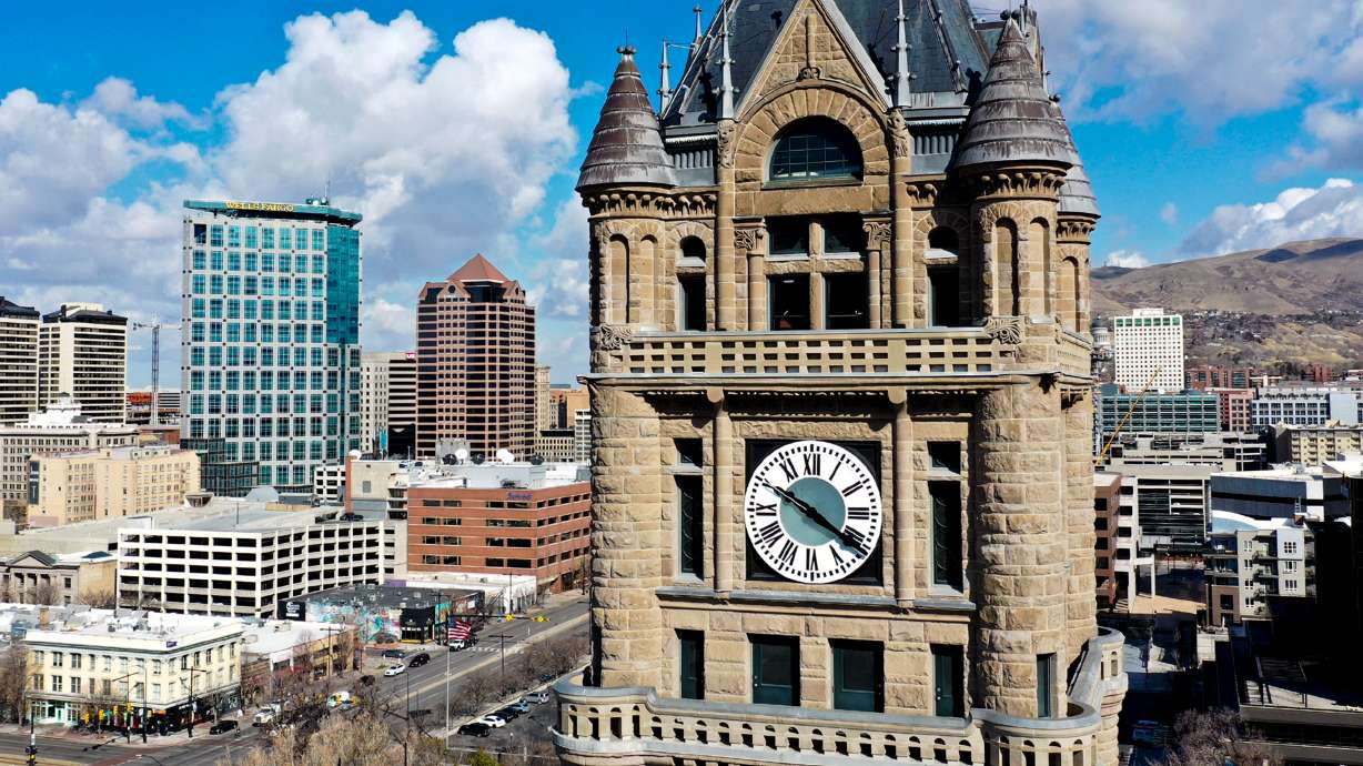 The clock tower on the Salt Lake City-County Building is pictured on March 10, 2021. Daylight savin...