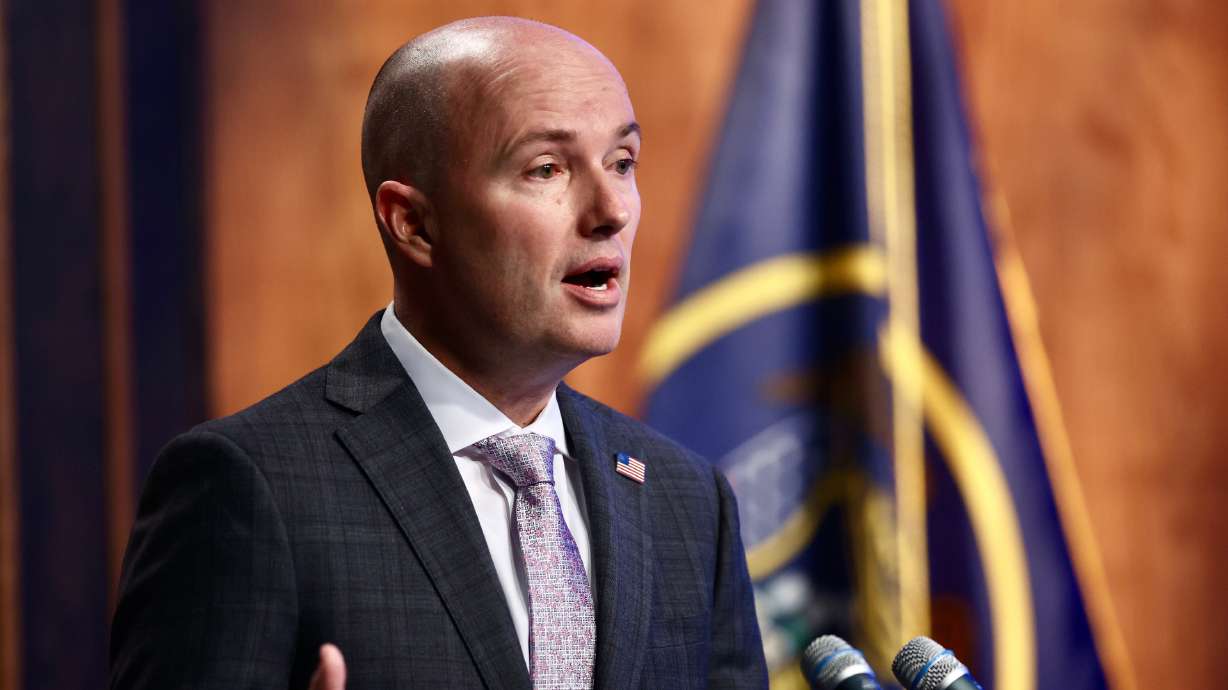 Gov. Spencer Cox holds his monthly news conference on March 16. Cox signed a bill Monday that requi...