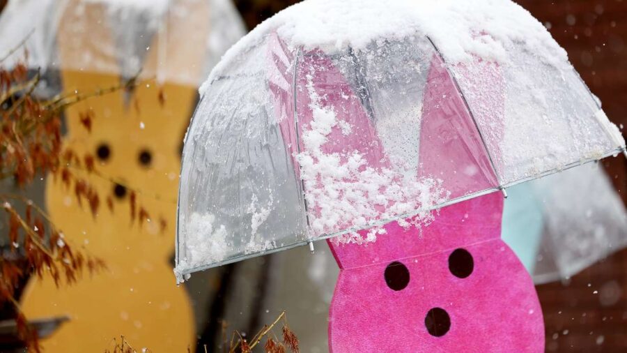 Easter decorations receive a new coating of snow in Salt Lake City on Thursday. The National Weathe...