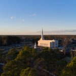 The Richmond Virginia Temple, clad with Moleanos stone articulated with a Jeffersonian version of a Doric order (found in Greek and Roman architecture), is located near a wooded area of the Glen Allen community just outside of Richmond. (Intellectual Reserve, Inc.)