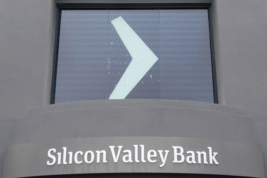 A Silicon Valley Bank sign is shown at the company's headquarters in Santa Clara, Calif., Friday, M...
