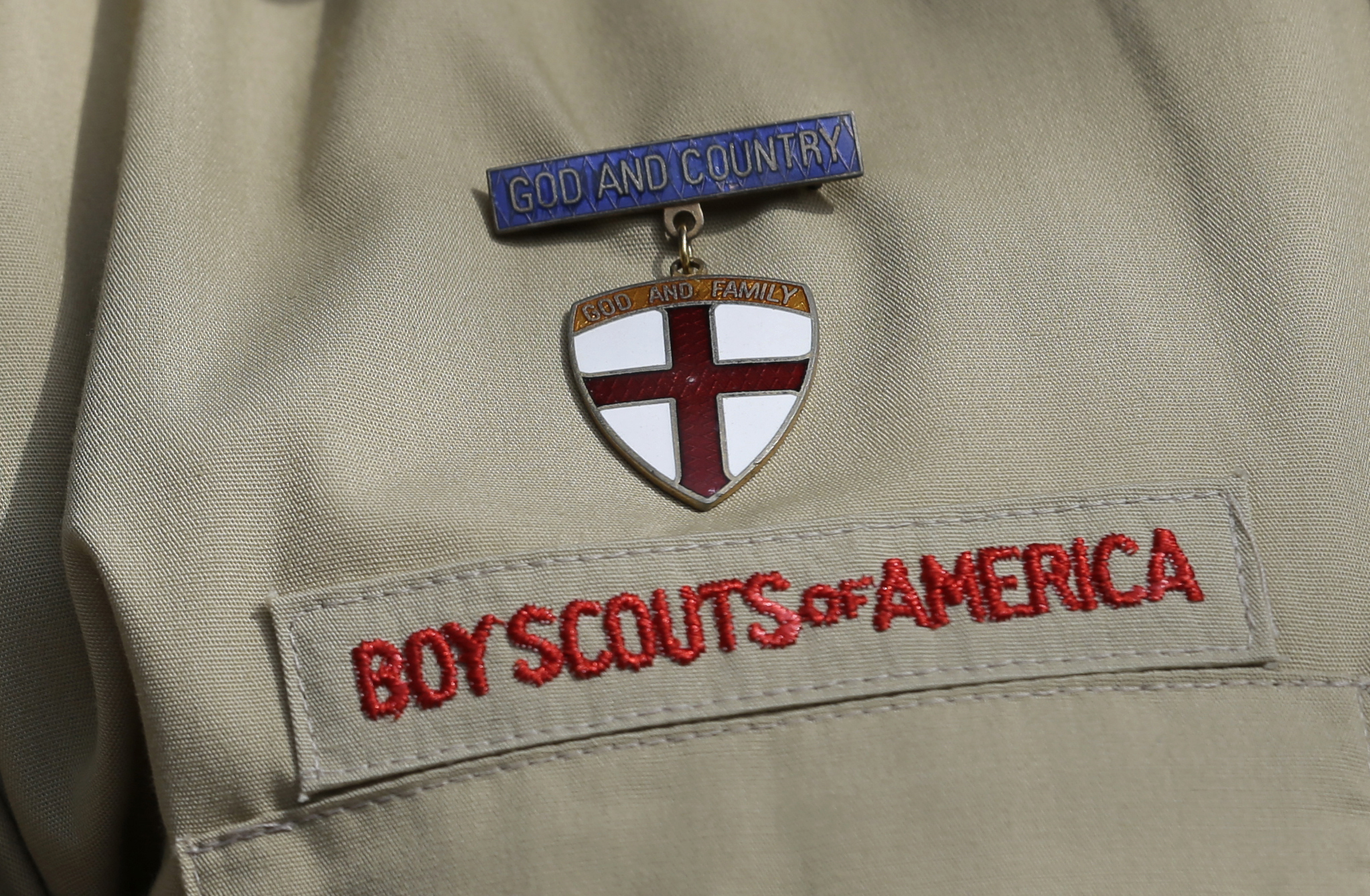 FILE - A close up of a Boy Scout uniform is photographed on Feb. 4, 2013, in Irving, Texas. On Tues...