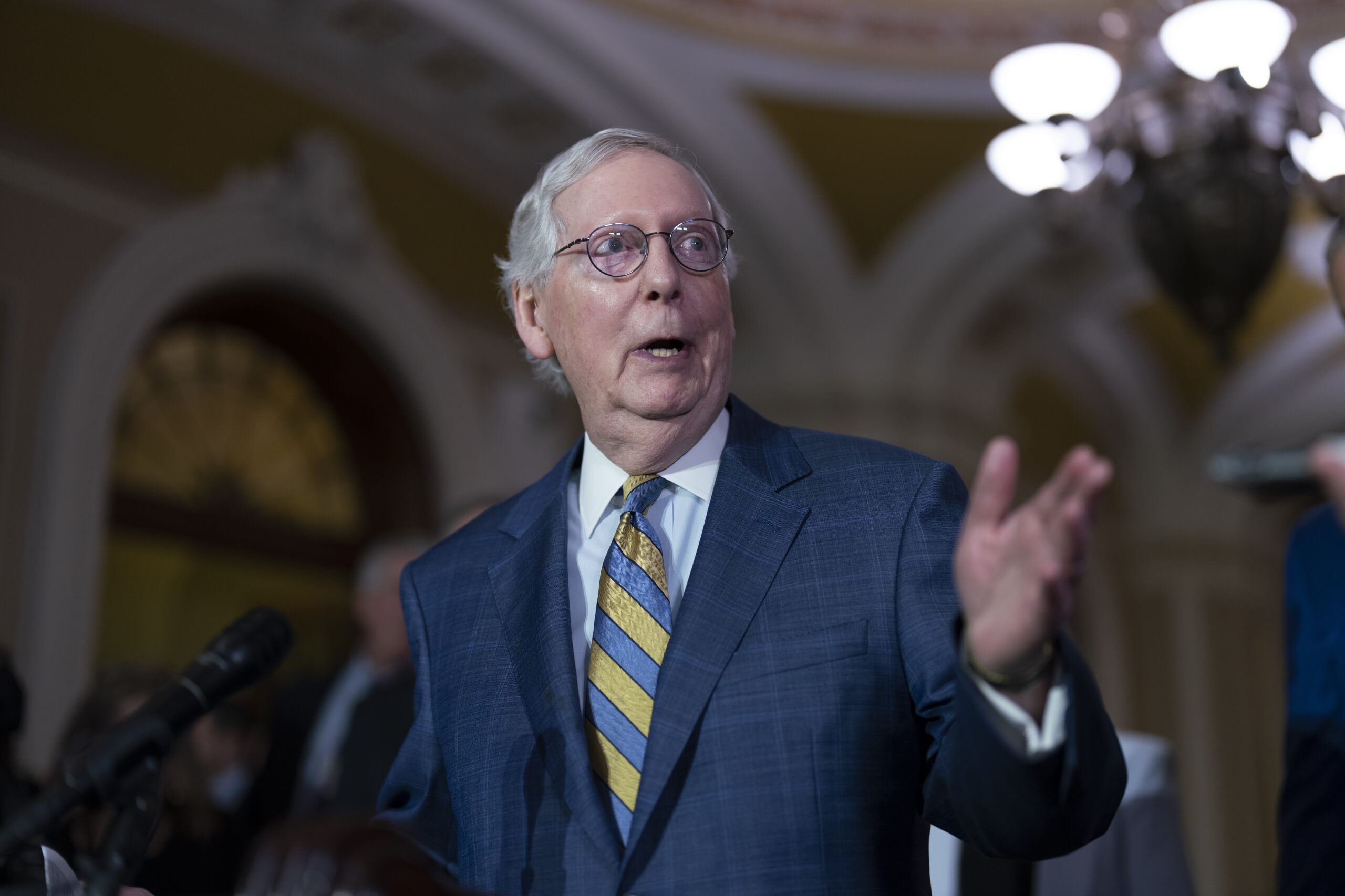 Senate Minority Leader Mitch McConnell, R-Ky., speaks to reporters following a closed-door policy m...