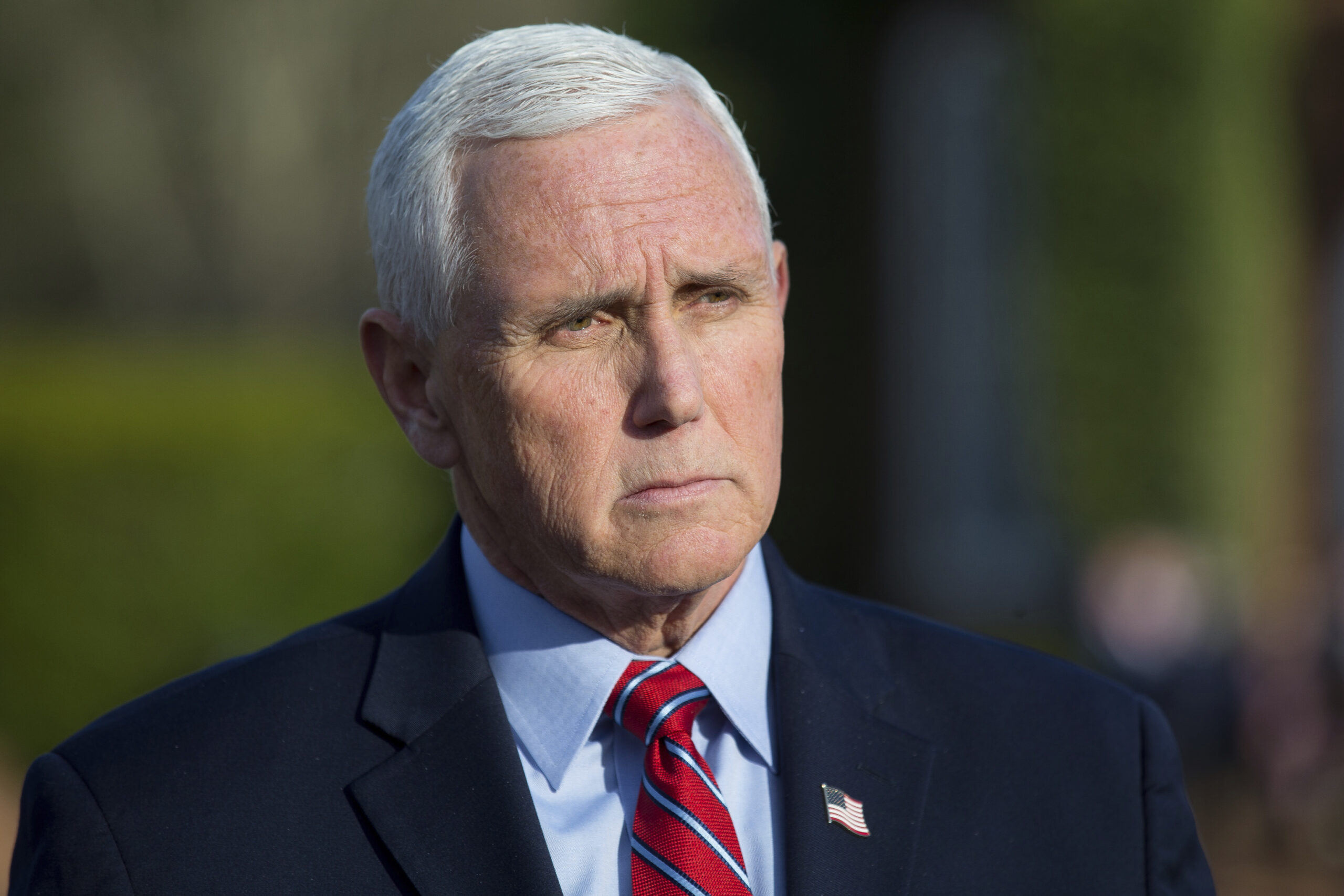 Former Vice President Mike Pence speaks to reporters before the MockCon event at University Chapel ...