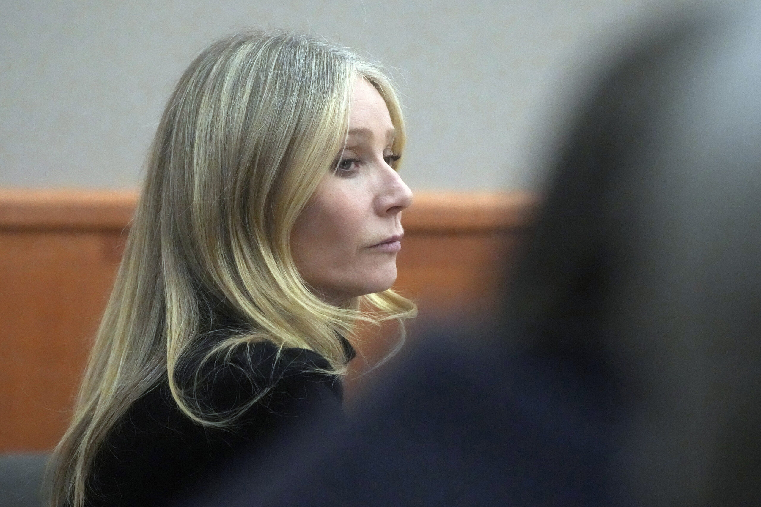 Gwyneth Paltrow sits in court during an objection by her attorney during her trial, Wednesday, Marc...