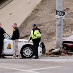 Utah Highway Patrol and Salt Lake City Police investigate after a collision between two cars at 700 North just off of I-215 in Salt Lake City on Friday, March 3, 2023. (Deseret News	/Scott G Winterton),
