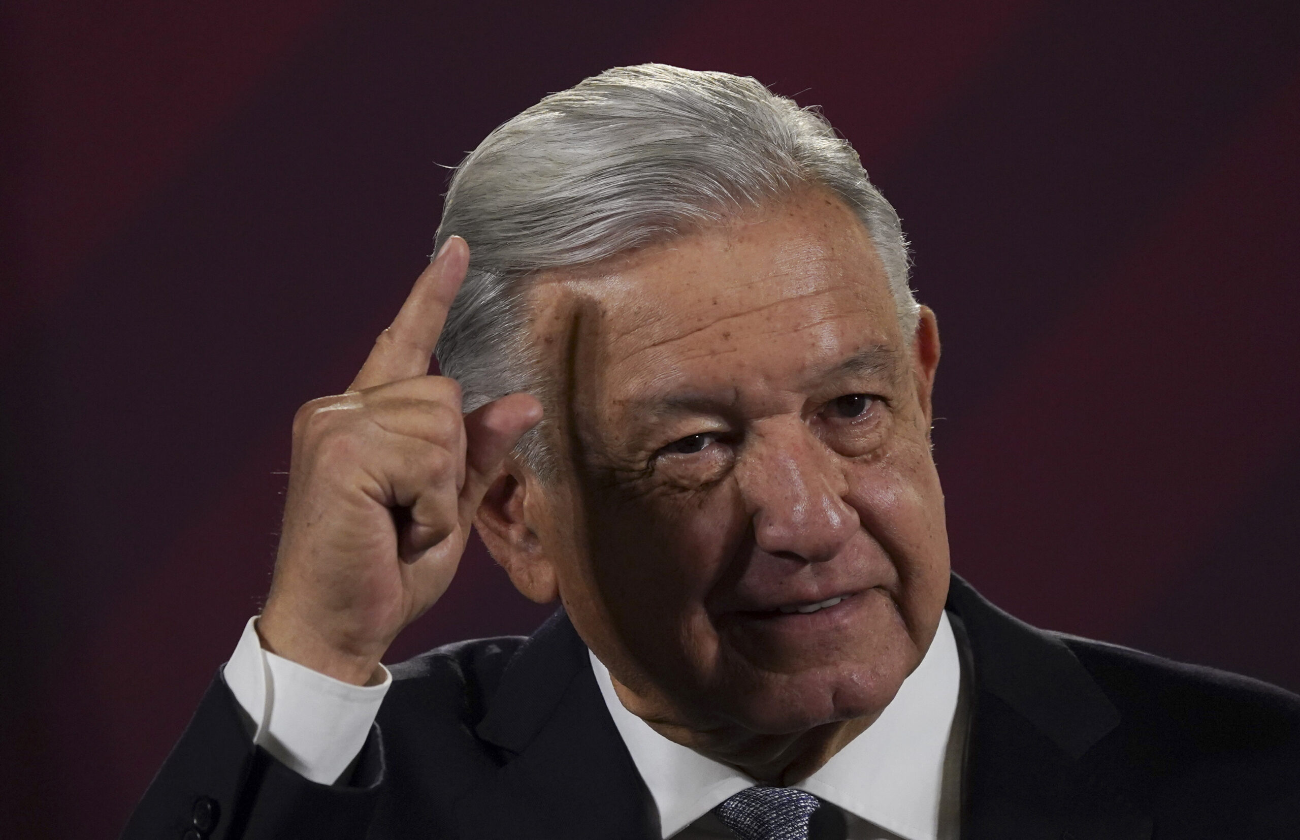 FILE - Mexican President Andres Manuel Lopez Obrador gives his regularly scheduled morning press co...