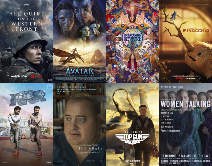 This combination of photos shows promotional art from Oscar-winning films, top row from left, "All ...