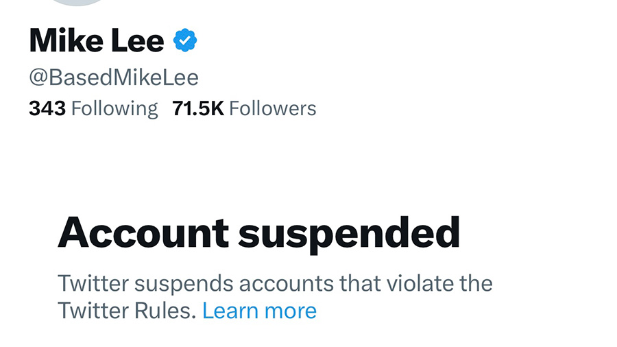 A screenshot of Mike Lee's personal account being suspended for unknown reasons. (Mike Lee Twitter)...